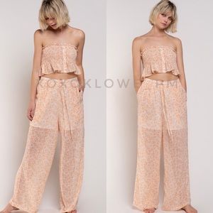 POL Orange Ditzy Floral 2 Piece Set Strapless Crop Top + Pull On Wide Leg Pants